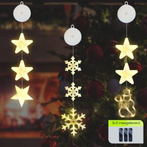 Kerstverlichting Raam Sneeuwpop, Sneeuwvlokken, Sterren - 73-82cm - Inclusief Batterijen - Kerstversiering met Zuignap - Warm Wit