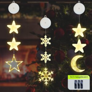 Kerstverlichting Raam Ster, Maan, Sneeuwvlokken - 73-82cm - Inclusief Batterijen - Kerstversiering met Zuignap - Warm Wit