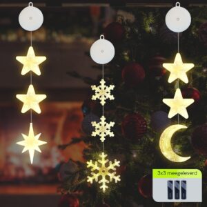 Kerstverlichting Raam Maan, Noorderster, Sneeuwvlokken - 73-82cm - Inclusief Batterijen - Kerstversiering met Zuignap - Warm Wit