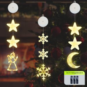 Kerstverlichting Raam Engel, Maan, Sneeuwvlokken - 73-82cm - Inclusief Batterijen - Kerstversiering met Zuignap - Warm Wit