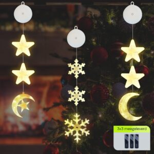 Kerstverlichting Raam Halve Maan, Maan, Sneeuwvlokken - 73-82cm - Inclusief Batterijen - Kerstversiering met Zuignap - Warm Wit