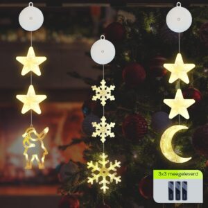 Kerstverlichting Raam Kerstman, Maan, Sneeuwvlokken - 73-82cm - Inclusief Batterijen - Kerstversiering met Zuignap - Warm Wit