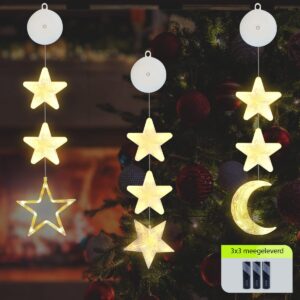 Kerstverlichting Raam Ster, Maan, Sterren - 73-82cm - Inclusief Batterijen - Kerstversiering met Zuignap - Warm Wit