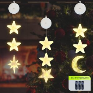 Kerstverlichting Raam Maan, Noorderster, Sterren - 73-82cm - Inclusief Batterijen - Kerstversiering met Zuignap - Warm Wit