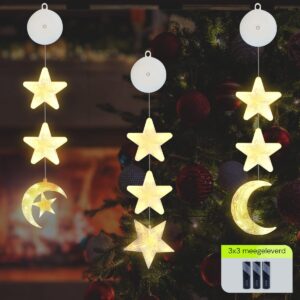 Kerstverlichting Raam Halve Maan, Maan, Sterren - 73-82cm - Inclusief Batterijen - Kerstversiering met Zuignap - Warm Wit