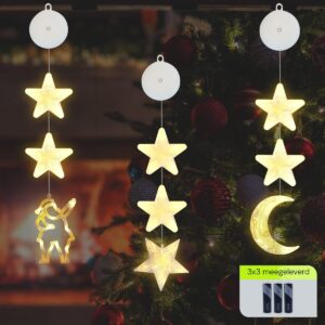 Kerstverlichting Raam Kerstman, Maan, Sterren - 73-82cm - Inclusief Batterijen - Kerstversiering met Zuignap - Warm Wit