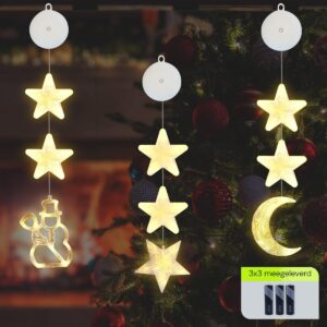 Kerstverlichting Raam Maan, Sneeuwpop, Sterren - 73-82cm - Inclusief Batterijen - Kerstversiering met Zuignap - Warm Wit