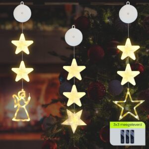 Kerstverlichting Raam Engel, Ster, Sterren - 73-82cm - Inclusief Batterijen - Kerstversiering met Zuignap - Warm Wit