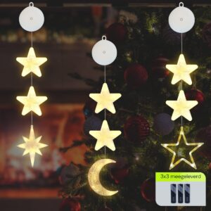 Kerstverlichting Raam Ster, Maan, Noorderster - 73-82cm - Inclusief Batterijen - Kerstversiering met Zuignap - Warm Wit
