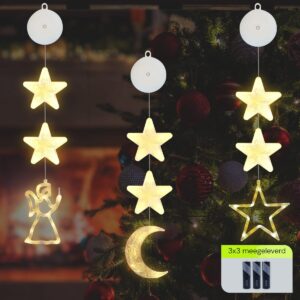 Kerstverlichting Raam Engel, Ster, Maan - 73-82cm - Inclusief Batterijen - Kerstversiering met Zuignap - Warm Wit