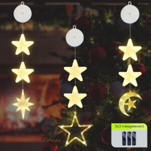 Kerstverlichting Raam Halve maan, Ster, Noorderster - 73-82cm - Inclusief Batterijen - Kerstversiering met Zuignap - Warm Wit