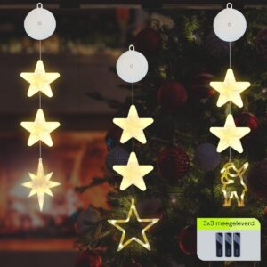 Kerstverlichting Raam Ster, Kerstman, Noorderster - 73-82cm - Inclusief Batterijen - Kerstversiering met Zuignap - Warm Wit