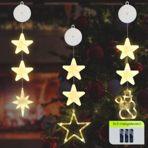 Kerstverlichting Raam Ster, Noorderster, Sneeuwpop - 73-82cm - Inclusief Batterijen - Kerstversiering met Zuignap - Warm Wit