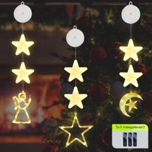 Kerstverlichting Raam Engel, Halve maan, Ster - 73-82cm - Inclusief Batterijen - Kerstversiering met Zuignap - Warm Wit