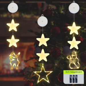 Kerstverlichting Raam Ster, Kerstman, Sneeuwpop - 73-82cm - Inclusief Batterijen - Kerstversiering met Zuignap - Warm Wit