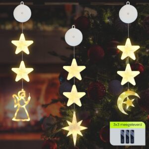 Kerstverlichting Raam Engel, Halve maan, Noorderster - 73-82cm - Inclusief Batterijen - Kerstversiering met Zuignap - Warm Wit