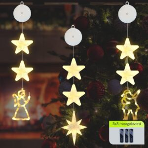 Kerstverlichting Raam Engel, Kerstman, Noorderster - 73-82cm - Inclusief Batterijen - Kerstversiering met Zuignap - Warm Wit