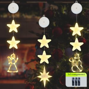 Kerstverlichting Raam Engel, Noorderster, Sneeuwpop - 73-82cm - Inclusief Batterijen - Kerstversiering met Zuignap - Warm Wit