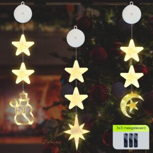 Kerstverlichting Raam Halve Maan, Noorderster, Sneeuwpop - 73-82cm - Inclusief Batterijen - Kerstversiering met Zuignap - Warm Wit