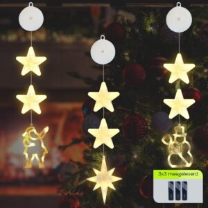 Kerstverlichting Raam Kerstman, Noorderster, Sneeuwpop - 73-82cm - Inclusief Batterijen - Kerstversiering met Zuignap - Warm Wit