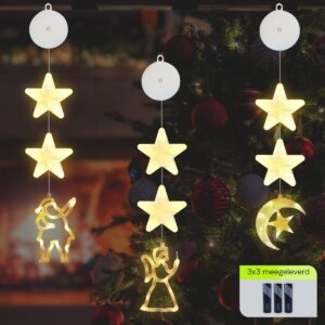 Kerstverlichting Raam Engel, Halve maan, Kerstman - 73-82cm - Inclusief Batterijen - Kerstversiering met Zuignap - Warm Wit