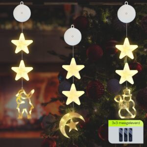 Kerstverlichting Raam Halve maan, Kerstman, Sneeuwpop - 73-82cm - Inclusief Batterijen - Kerstversiering met Zuignap - Warm Wit