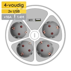 Technik Stekkerdoos met USB 1.4 Meter - Rond - 4-Voudig - USB C - USB A - Wit