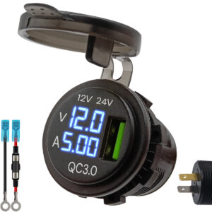 ProRide 12V USB Stopcontact Inbouw met Voltmeter/Ampèremeter - QC3.0 - met Aansluitkabel 60cm en Glaszekering 10A