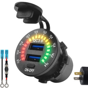 ProRide 12V USB Stopcontact 2 Poorten Inbouw met Schakelaar/Voltmeter - QC3.0 - met Aansluitkabel 60cm en Glaszekering 10A