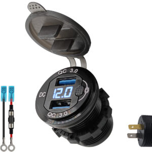 ProRide 12V USB Stopcontact 2 Poorten Inbouw met Schakelaar/Voltmeter - QC3.0 - DS2120B - met Aansluitkabel 60cm en Glaszekering 10A - Blauw