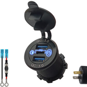 ProRide 12V USB C Stopcontact 3 Poorten Inbouw met Schakelaar - 5V/3A - met Aansluitkabel 60cm en Glaszekering 10A - Blauw