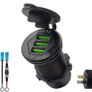 ProRide 12V USB Stopcontact 3 Poorten Inbouw - QC3.0 - met Aansluitkabel 60cm en Glaszekering 10A - Blauw