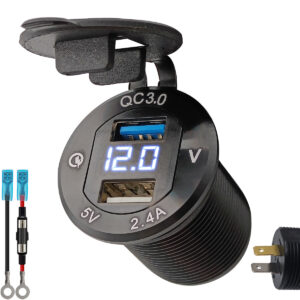 ProRide 12V USB Stopcontact 2 Poorten Inbouw met Voltmeter - 5V/2.4A - DS2114B - met Aansluitkabel 60cm en Glaszekering 10A - Blauw
