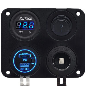 ProRide 12V USB Autolader 2 Poorten - 65W/QC3.0 - Voltmeter, Schakelaar en 12V/24V Sigarettenplug - Vierkant inbouw