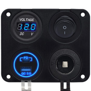 ProRide 12V USB Autolader 2 Poorten - QC3.0 - Voltmeter, Schakelaar en 12V/24V Sigarettenplug - Vierkant inbouw