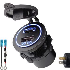 ProRide 12V USB/USB C Stopcontact 2 Poorten - Inbouw - QC3.0 - met Aansluitkabel 60cm en Glaszekering 10A - Blauw