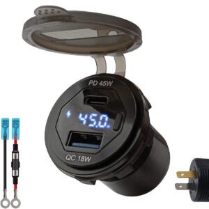 ProRide 12V USB/USB C Autolader 2 Poorten Inbouw met Schakelaar/Voltmeter - 45W/QC3.0 - met Aansluitkabel 60cm en Glaszekering 10A
