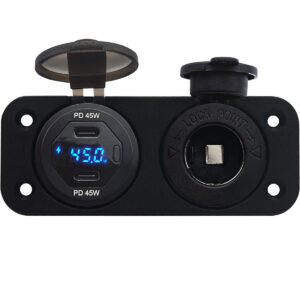 ProRide 12V USB C Autolader 2 Poorten Inbouw met Wattagemeter - 45W/QC3.0 - met 12/24V Sigaretten stopcontact - Blauw