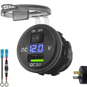 ProRide 12V USB Stopcontact Inbouw met Schakelaar/Voltmeter - 5V/2.4A - met Aansluitkabel 60cm en Glaszekering 10A - Blauw