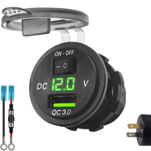 ProRide 12V USB Stopcontact Inbouw met Schakelaar/Voltmeter - 5V/2.4A - met Aansluitkabel 60cm en Glaszekering 10A - Groen