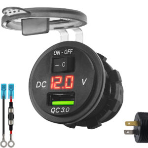ProRide 12V USB Stopcontact Inbouw met Schakelaar/Voltmeter - 5V/2.4A - met Aansluitkabel 60cm en Glaszekering 10A - Rood