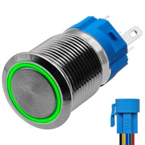 ProRide Metalen Pulsschakelaar 12V OFF-(ON) - 16mm - Momentschakelaar met Aansluitkabel - Spatwaterdicht - 12V/24V - LED Indicatie Groen