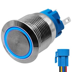 ProRide Metalen Pulsschakelaar 12V OFF-(ON) - 19mm - Momentschakelaar met Aansluitkabel - Spatwaterdicht - 12V/24V - LED Indicatie Blauw