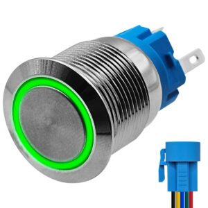 ProRide Metalen Drukschakelaar 12V ON-OFF - 19mm - Aan/uit schakelaar met Aansluitkabel - Spatwaterdicht - 12V/24V - LED Indicatie Groen