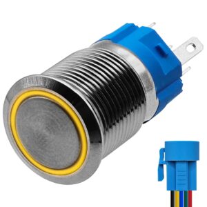 ProRide Metalen Drukschakelaar 220V ON-OFF - 16mm - Aan/uit schakelaar met Aansluitkabel - Spatwaterdicht - LED Indicatie Geel