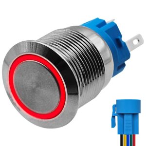ProRide Metalen Pulsschakelaar 220V OFF-(ON) - 19mm - Momentschakelaar met Aansluitkabel - Spatwaterdicht - LED Indicatie Rood