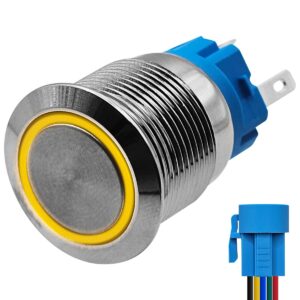 ProRide Metalen Drukschakelaar 220V ON-OFF - 19mm - Aan/uit schakelaar met Aansluitkabel - Spatwaterdicht - LED Indicatie Geel