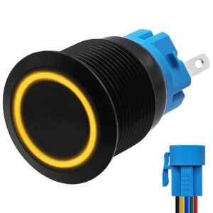 ProRide Metalen Pulsschakelaar 12V OFF-(ON) - 19mm - Momentschakelaar met Aansluitkabel - Spatwaterdicht - 12V/24V - LED Indicatie Geel