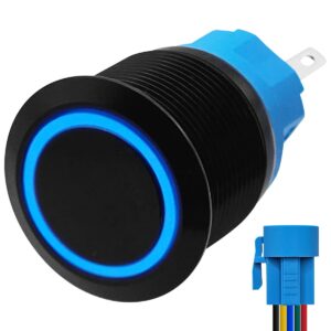 ProRide Metalen Pulsschakelaar 220V OFF-(ON) - 22mm - Momentschakelaar met Aansluitkabel - Spatwaterdicht - LED Indicatie Blauw