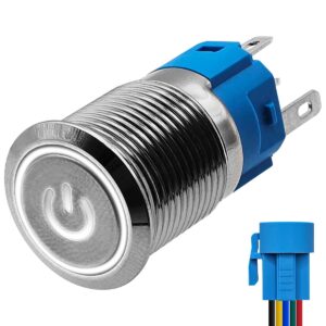 ProRide Metalen Drukschakelaar 12V ON-OFF met Aansluitkabel - 16mm - Aan/uit schakelaar - Spatwaterdicht - 12V/24V - LED Indicatie Wit